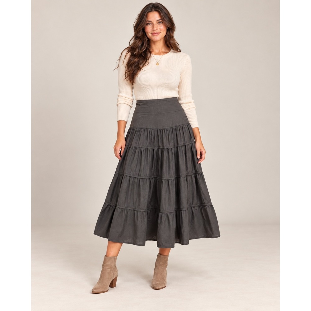 Jessica Sport Gray Tiered 100% Cotton Midi Skirt Size 12 Boho Flowy High Waisted